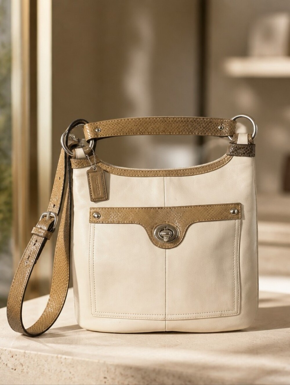 Coach Cream Leather Crossbody with Tan Snakeskin Trim